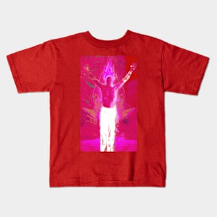 Portrait, digital collage and special processing. Shirtless man, stands. All chakras opened. Mystic. Bright, strong pink. Kids T-Shirt